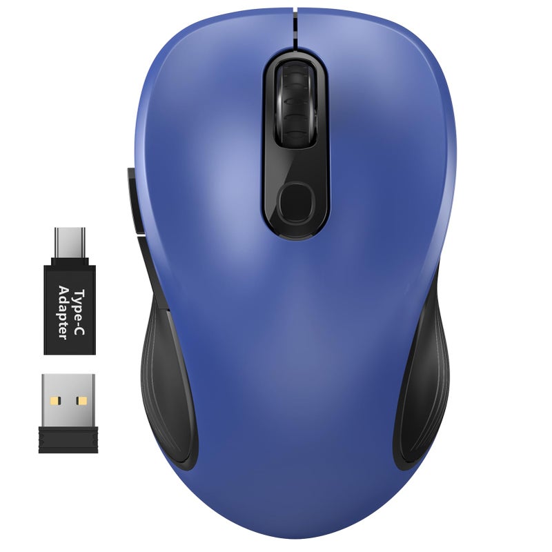 WisFox 2.4G Wireless Mouse for Laptop, Ergonomic Computer Mouse with USB Receiver and Type-C Adapter, 3 Adjustable Levels, 6 Button Cordless Wireless Mice for Windows Mac PC Notebook (Blue) - Image 1